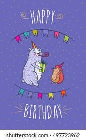 Happy birthday card. Vector illustrated poster with bear and hedgehog characters.