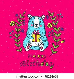 Happy birthday card. Vector illustrated poster with bear character and gift box.