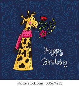 Happy birthday card. Vector illustrated poster with giraffe character and flowers.