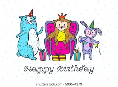 Happy birthday card. Vector illustrated poster with owl, bear and rabbit characters.