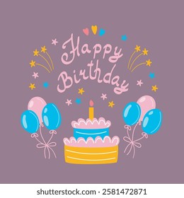 Happy birthday card vector illustration with cake and baloons. Birthday greeting card vector concept.