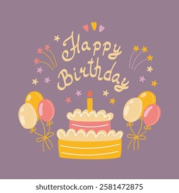 Happy birthday card vector illustration with cake and baloons. Birthday greeting card vector concept.