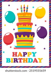 vetor cartão de aniversário feliz, cartão de aniversário multicolor com bolo em camadas, balões e estrelas. Ótimo para convites de aniversário, cartões de felicitações, decorações de festa e desenhos comemorativos.