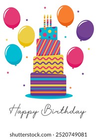 happy birthday card vector, multicolor cake with candles, balloons, stars, and Happy Birthday. Perfect for birthday greetings, invitations, cards, and celebrations.