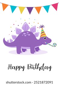 happy birthday card vector, Purple dinosaur celebrating birthday with party hat, ideal for children's party invitations and greeting cards. Festive and colorful.