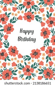 Happy Birthday card with vector red poppies and leaves