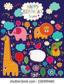 Happy Birthday card. Vector set of cartoon stickers with animals