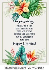 Happy birthday! - card. Vector stock illustration in a watercolor style. Eps10. Wishing you a very happy birthday filled with lots of love, blessings, and good times. May all your dreams come true! 