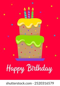 happy birthday card vector, Two Tier cake with three candles and colorful sprinkles on a red background, perfect for birthday or celebration invitations and cards.