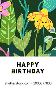 Happy birthday card. Vector universal template with floral design for postcards, invitations, covers, posters, banners, brochures. Copy space for text.
