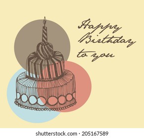 Happy Birthday card vintage hand drawing cake