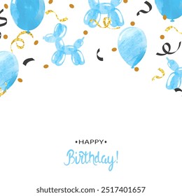 Happy Birthday card with watercolor blue balloons. Vector party illustration with confetti