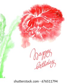 Happy Birthday card. Watercolor Red Poppies ,floral garland, isolated on white background. Template Vector.