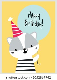 Happy Birthday Card with Whiskered Cat as Farm Animal with Balloon as Holiday Greeting and Congratulation Vector Illustration