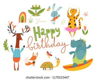 Happy birthday card with wild animals. Cute funny happy animals characters. 