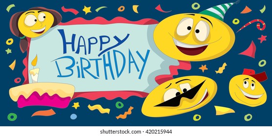 Happy Birthday Card/Banner, Funny Characters Celebrating, Having Fun (vector Art)