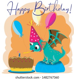 Happy birthday card.Cute dragon, vector art