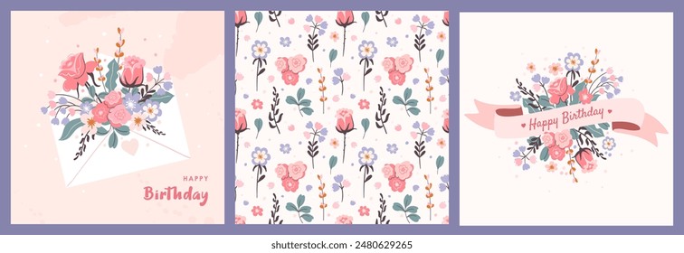 Happy birthday card.Envelope with various flowers and floral elements, congratulation ribbon and floral pattern.Set of greeting cards.Texture on background.Flat vector illustration