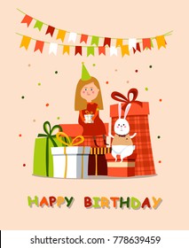 Happy Birthday card.Greeting card.Small girl with present sit on gift  box. Vector illustration.