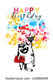 Happy birthday card.Hand drawn birthday funny cat