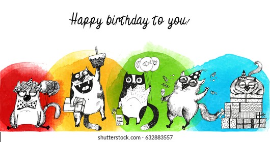 Happy birthday card.Hand drawn birthday funny cat