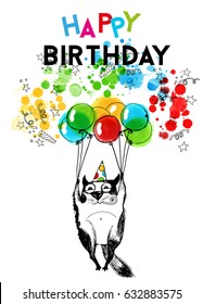 Happy birthday card.Hand drawn birthday funny cat