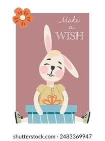 Feliz cumpleaños card.Make a wish.Cute conejo con flor y caligrafía.Ilustración vectorial Plantilla