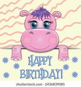 Happy birthday cards with animals. Cute hero with beautiful eyes, expressive