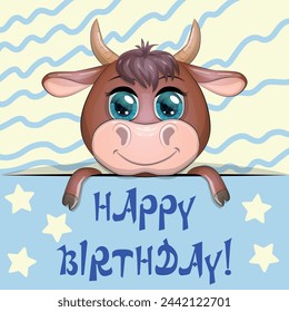 Happy birthday cards with animals. Cute hero with beautiful eyes, expressive