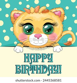 Happy birthday cards with animals. Cute hero with beautiful eyes, expressive