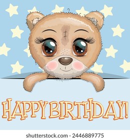 Happy birthday cards with animals. Cute hero with beautiful eyes, expressive