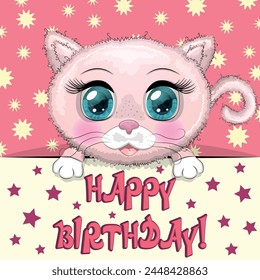 Happy birthday cards with animals. Cute hero with beautiful eyes, expressive