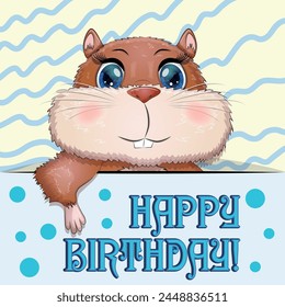 Happy birthday cards with animals. Cute hero with beautiful eyes, expressive