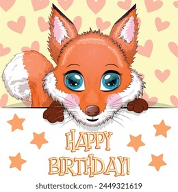 Happy birthday cards with animals. Cute hero with beautiful eyes, expressive