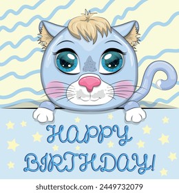 Happy birthday cards with animals. Cute hero with beautiful eyes, expressive