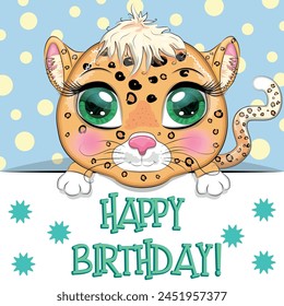 Happy birthday cards with animals. Cute hero with beautiful eyes, expressive