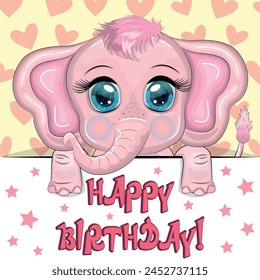 Happy birthday cards with animals. Cute hero with beautiful eyes, expressive