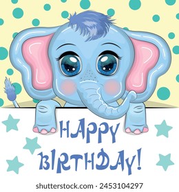 Happy birthday cards with animals. Cute hero with beautiful eyes, expressive