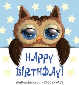 Happy birthday cards with animals. Cute hero with beautiful eyes, expressive