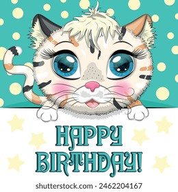 Happy birthday cards with animals. Cute hero with beautiful eyes, expressive