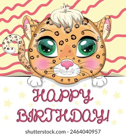 Happy birthday cards with animals. Cute hero with beautiful eyes, expressive