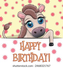 Happy birthday cards with animals. Cute hero with beautiful eyes, expressive