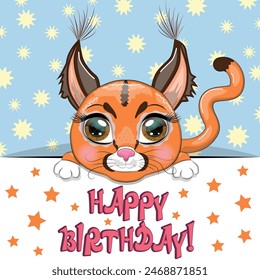 Happy birthday cards with animals. Cute hero with beautiful eyes, expressive