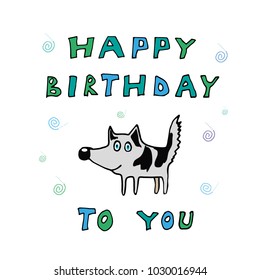 Happy birthday cards with animated characters Siberian husky, stickers, t-shirts, banners, tags