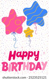Happy Birthday cards with balloons and gifts. Template for postcard, poster, flyer, banner. Vector.