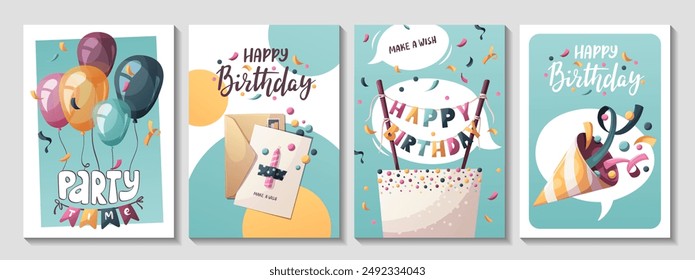 Happy Birthday cards with cake, balloons, candle, party hat. Handwritten lettering. Birthday party, celebration, congratulations, invitation concept. Vector illustration. Postcard, card, cover.