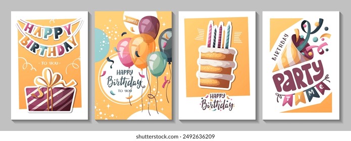 Happy Birthday cards with cake, balloons, gift box, party hat. Handwritten lettering. Birthday party, celebration, congratulations, invitation concept. Vector illustration. Postcard, card, cover.