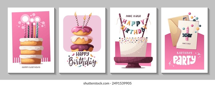 Happy Birthday cards with cakes, birthday donuts and postcard. Handwritten lettering. Birthday party, celebration, congratulations, invitation concept. Vector illustration. Postcard, card, cover.