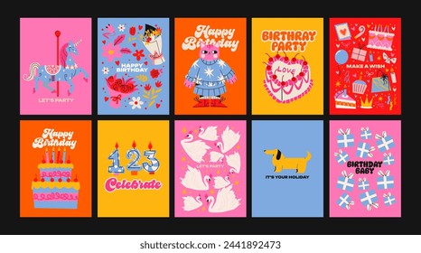 Happy Birthday cards in cartoon retro 90s style. Minimalist cards. Celebration congratulations posters with cakes and sweets. Vector bright template for party, event.	