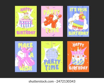 Happy Birthday cards in cartoon retro 90s style. Cute vector, posters. Celebration congratulations posters with cakes and sweets. Vector bright template for party, event